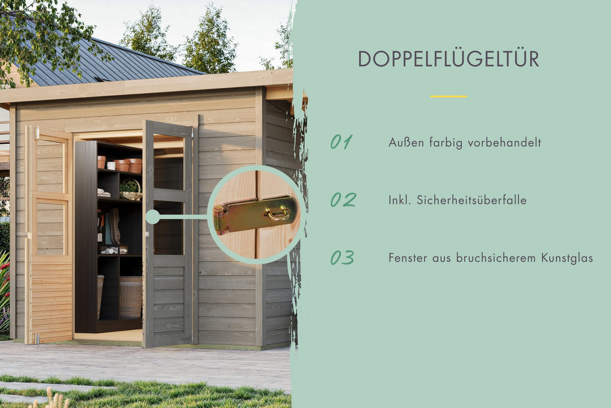 Karibu Gartenhaus Merseburg 3, 212 x 154 cm, mit Anbaudach – Ansicht 3