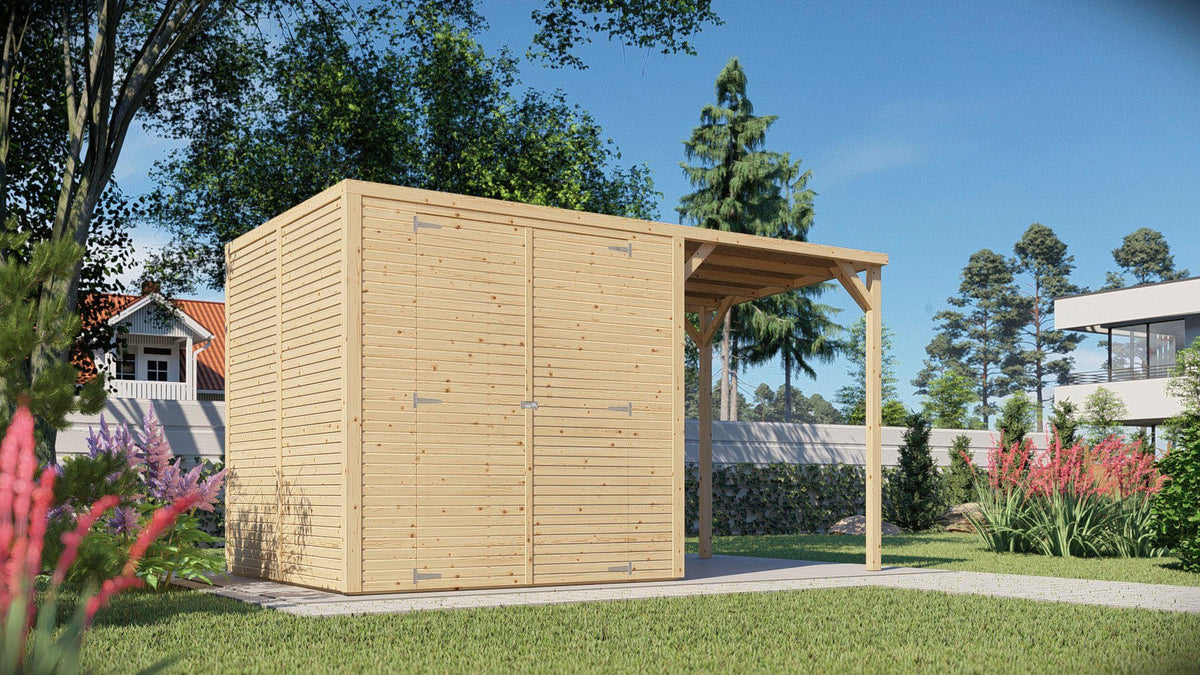 KONIFERA Gartenhaus Beno 3 PLUS Fineline Flachdach, 373 x 211 cm, mit Anbaudach – Ansicht 3