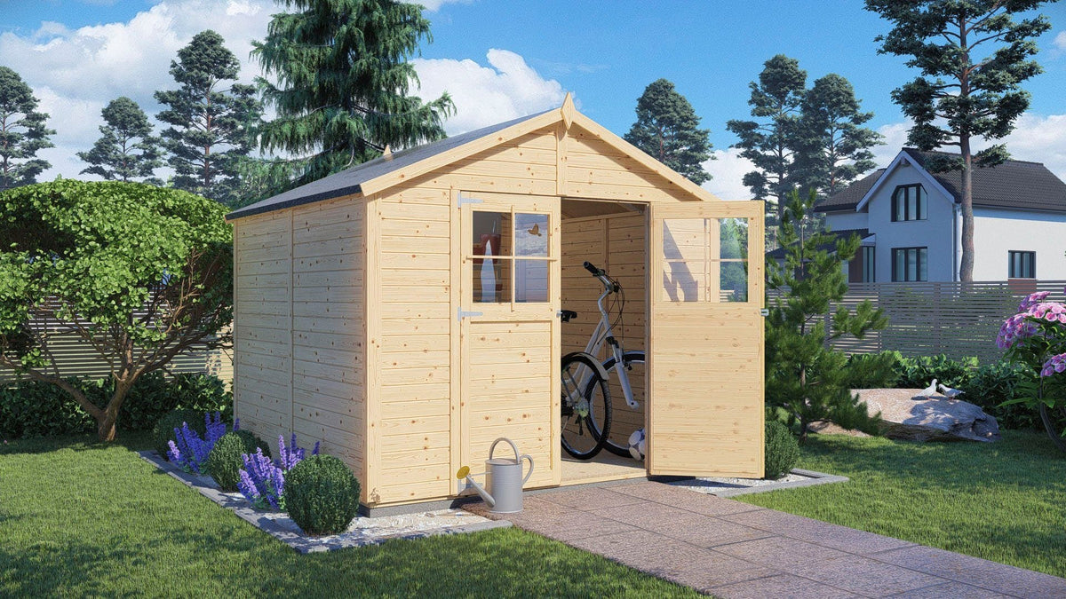 Holzgartenhaus mit Satteldach auf einem gepflasterten Untergrund im Garten