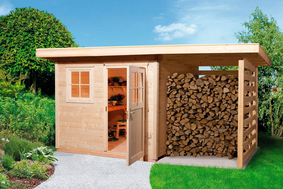 weka Gartenhaus 170 A Gr.1, 430 x 280 cm, 28 mm, mit Anbau und Holzlager