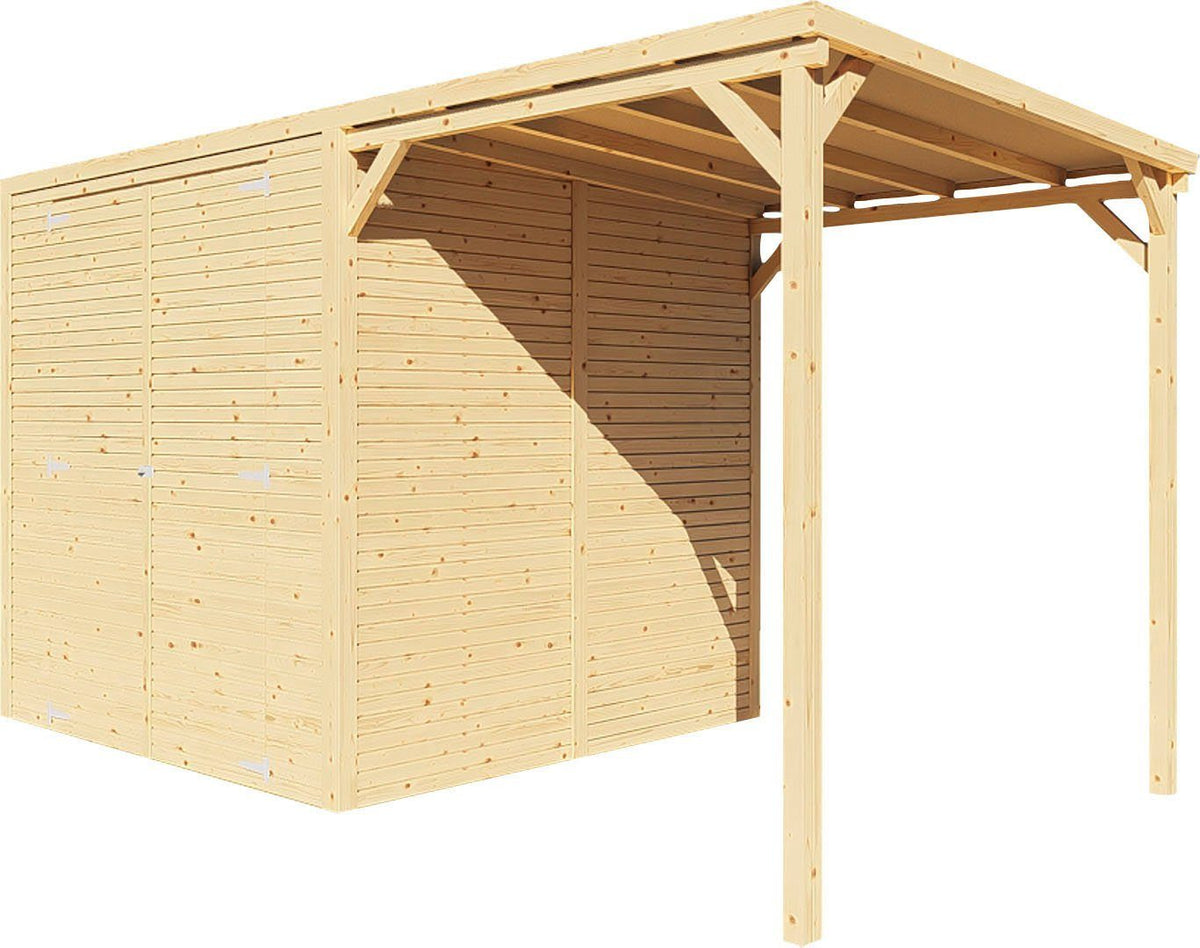 KONIFERA Gartenhaus Beno 3 PLUS Fineline Flachdach, 373 x 211 cm, mit Anbaudach – Ansicht 2