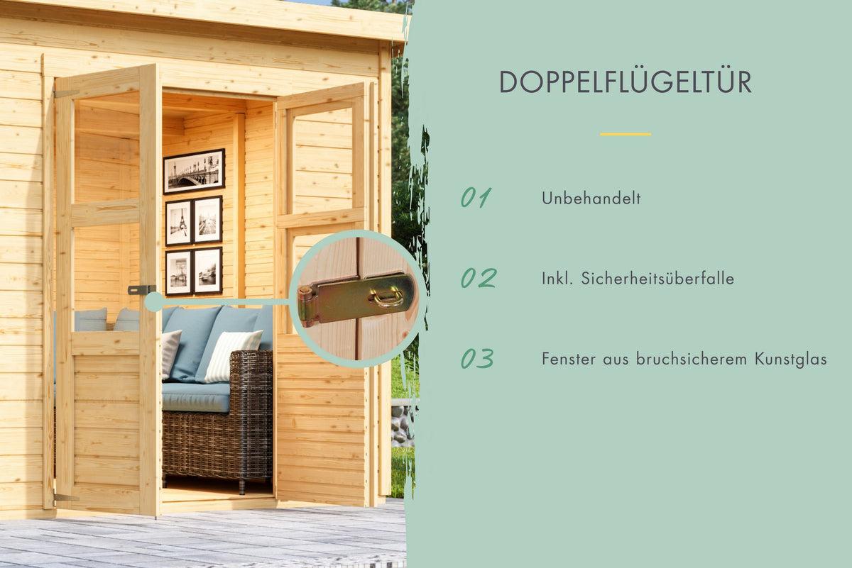 KONIFERA Gartenhaus Akamaru 3, 390 x 175 cm, mit Anbaudach – Ansicht 3
