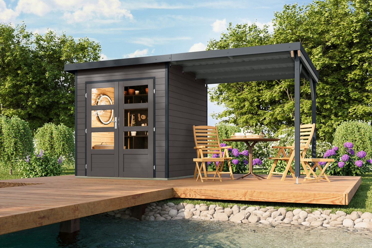 Karibu Gartenhaus Plutino 1 SET, 447 x 228 cm, mit Anbaudach